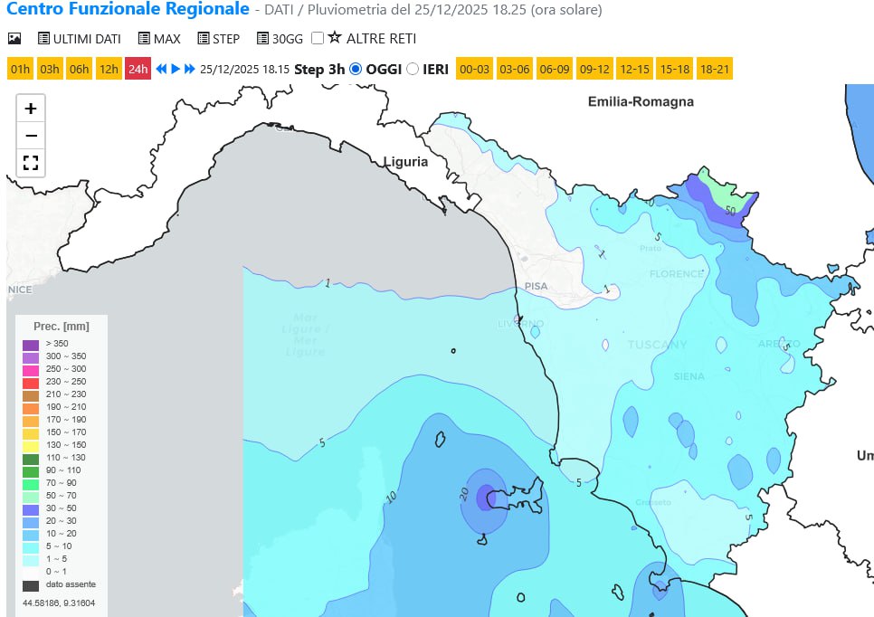 Le piogge registrate nelle ultime 24 ore (dati Cfr)