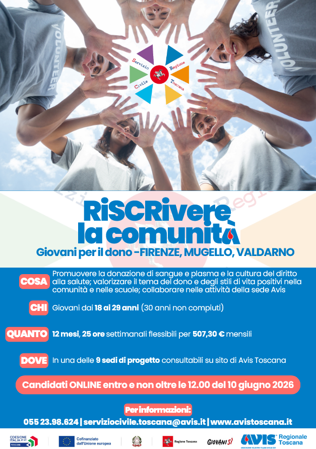 La locandina del progetto 'RiSCRivere la comunità: giovani per il dono – Firenze, Mugello, Valdarno'