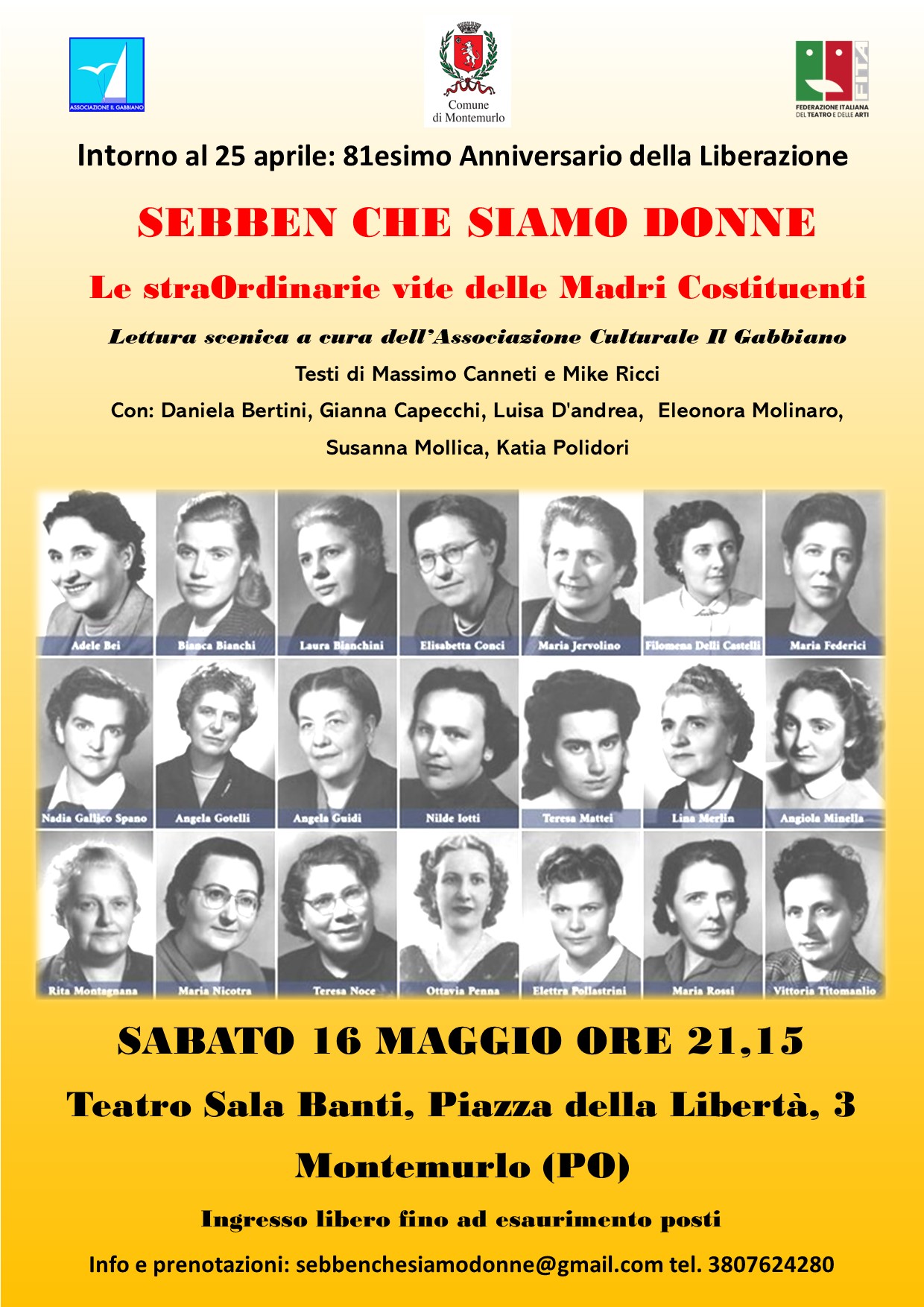 “Sebben che siamo donne”: a Montemurlo una lettura scenica dedicata alle Madri Costituenti