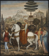 Federigo Angeli, "Dama a cavallo con corteo cavalleresco", tempera grassa su tela, 1931