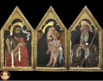 Tre dipinti, tempera e oro su tavola, costituenti le parti di un trittico datato 1487, raffiguranti rispettivamente “Madonna col Bambino, San Giovanni Battista e Sant’Antonio Abate (fonte foto comunicato stampa)